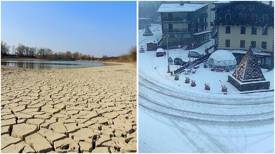 Il Po in secca nella zona di Reggio Emilia e l’Abetone sotto la neve