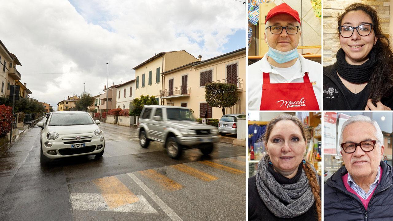 Le condizioni dell’asfalto con toppe e vecchia segnaletica; nelle foto, partendo da sinistra, Massimo Ancillotti, Linda Zannelli; in basso Francesca Martellacci e Piero Bartalucci (Foto Sestini/Antuovino)
