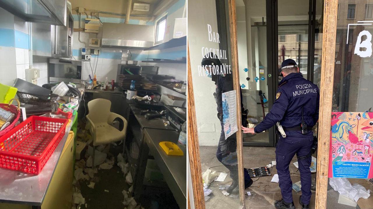 L’interno del bar Salvini con segni di bivacco; a destra gli agenti che entrano al Bazeel