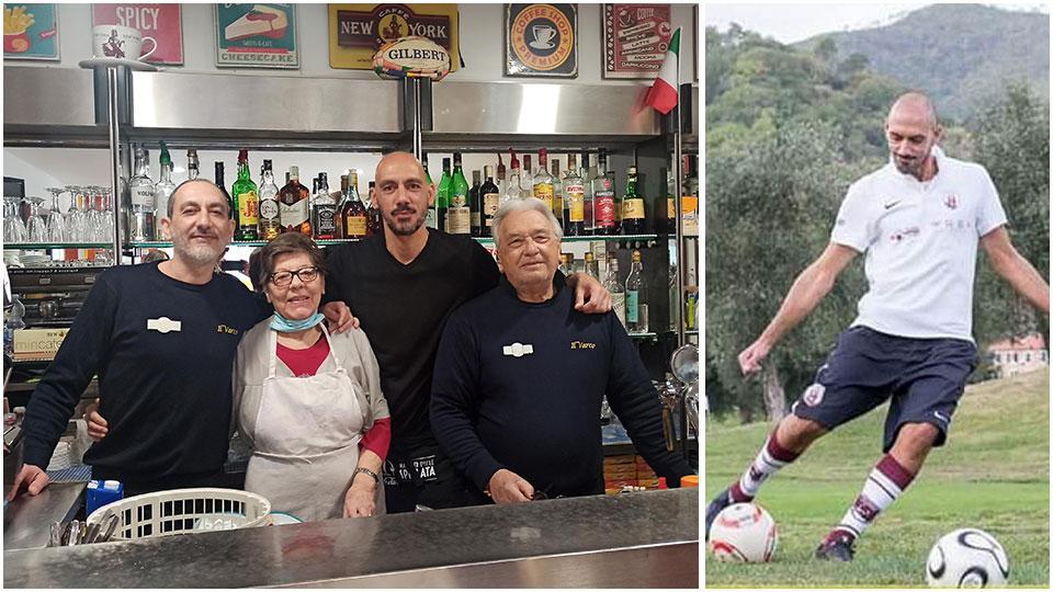 Luca Romanacci con la sua famiglia dietro al bancone del ristorante Il Varco a Varco Galvani e Romanacci mentre è sul campo di gioco