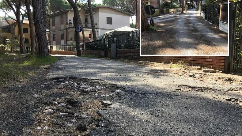 Un tratto di via dell’Argentario e, nel riquadro, via delle Rocchette dopo il rifacimento col nuovo metodo