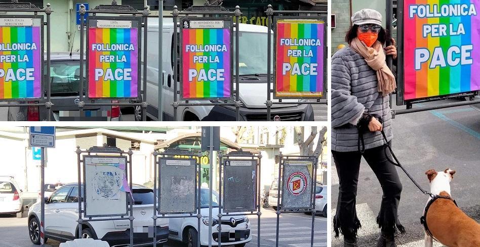 In alto i manifesti appena affissi, a fine marzo. Sotto le teche con i manifesti strappati, fotografate il 5 aprile (foto Giorgio). A destra Eleonora Di Buduo, promotrice dell'iniziativa di realizzare e affiggere i manifesti per la pace