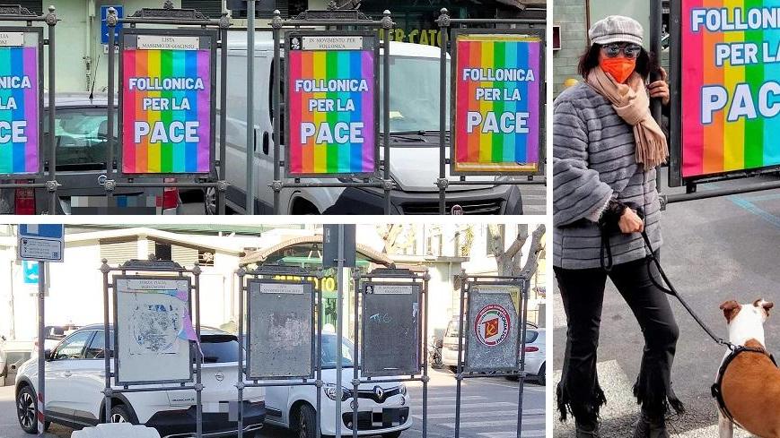 In alto i manifesti appena affissi, a fine marzo. Sotto le teche con i manifesti strappati, fotografate il 5 aprile (foto Giorgio). A destra Eleonora Di Buduo, promotrice dell'iniziativa di realizzare e affiggere i manifesti per la pace