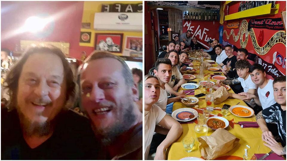 Luca Pippan con Zucchero Fornaciari al Melafumo e la squadra amaranto a cena all’osteria di via Mentana ieri sera