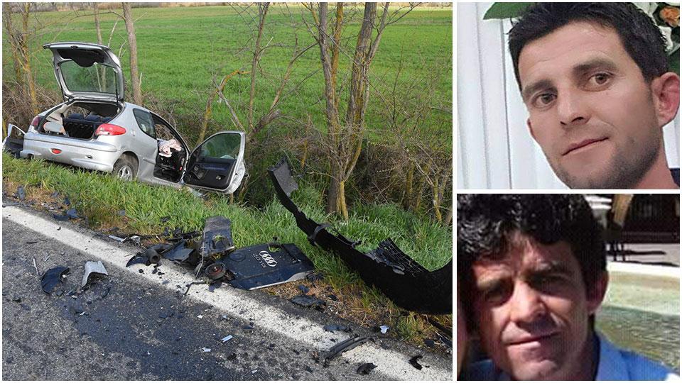 La Peugeot dopo il tremendo schianto e i due fratelli albanesi morti, sopra Aklen e sotto Mersin Myftarago