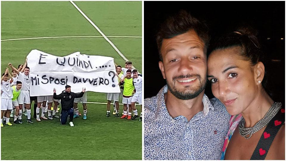 Lo striscione per la proposta di matrimonio srotolato sul campo dello stadio Marconcini, a Pontedera; a destra Manuel Caponi e Caterina Vitulano