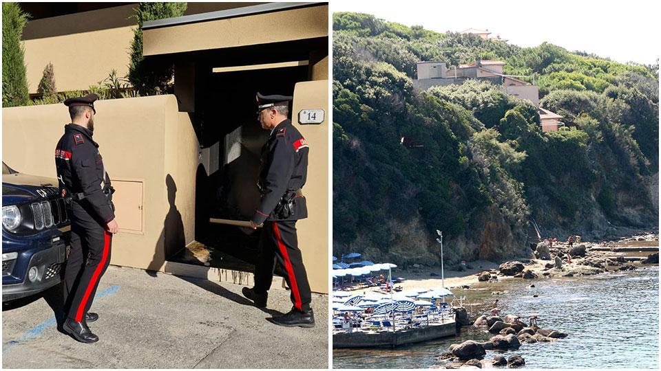 I carabinieri davanti all’ingresso, danneggiato dal fuoco, dell’ex villa Pontello e uno scorcio panoramico della tenuta