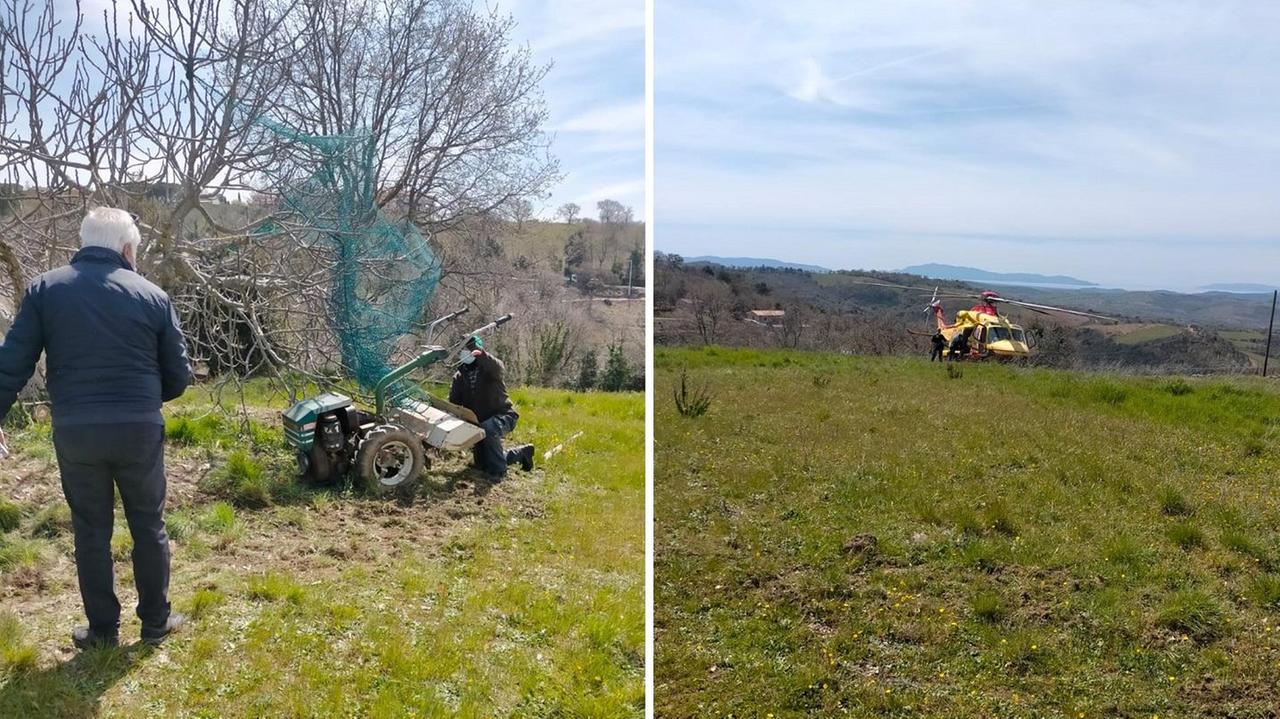 A sinistra, due persone visionano la motozappa dove, poco prima, è rimasto incastrato un 64enne. A destra l'elicottero Pegaso atterrato in un campo vicino per prelevare il ferito e portarlo al policlinico Le Scotte di Siena