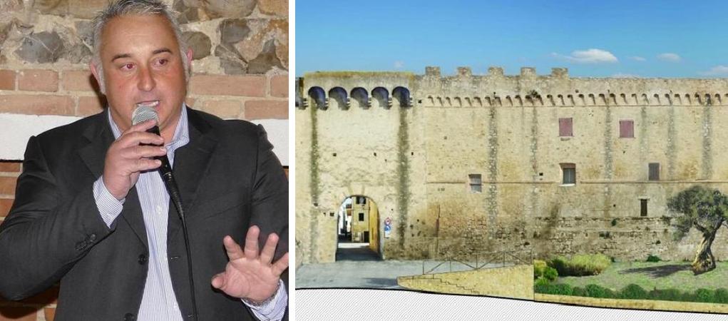 Il sindaco di Magliano in Toscana, Diego Cinelli, e, a destra, la ricostruzione grafica del futuro volto dell'area dove oggi si trova l'ecomostro
