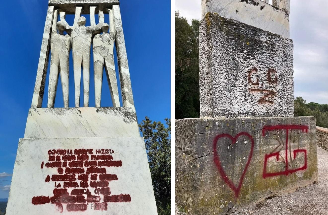 A sinistra la parte anteriore del monumento, con la scritta imbrattata e la sola parola "nazista" lasciata visibile (foto Bruno). A destra il retro del monumento con il segno "Z"