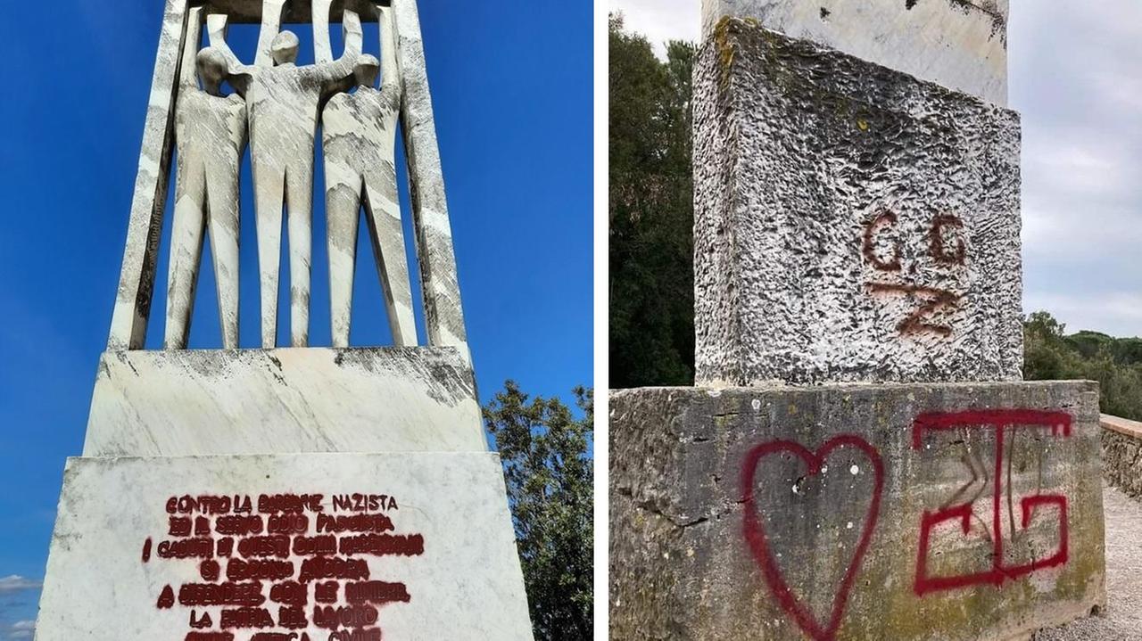 A sinistra la parte anteriore del monumento, con la scritta imbrattata e la sola parola "nazista" lasciata visibile (foto Bruno). A destra il retro del monumento con il segno "Z"
