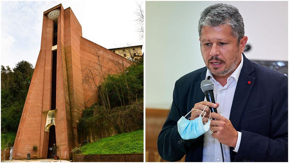 La parte esterna degli ascensori di Fonti alle Fate e il sindaco Giglioli