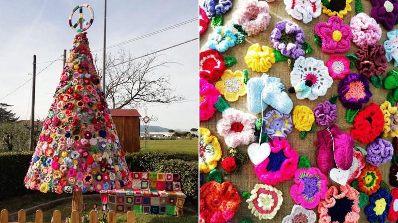 L'albero allestito al campino di Gello, le scarpine dedicate ai nuovi nati