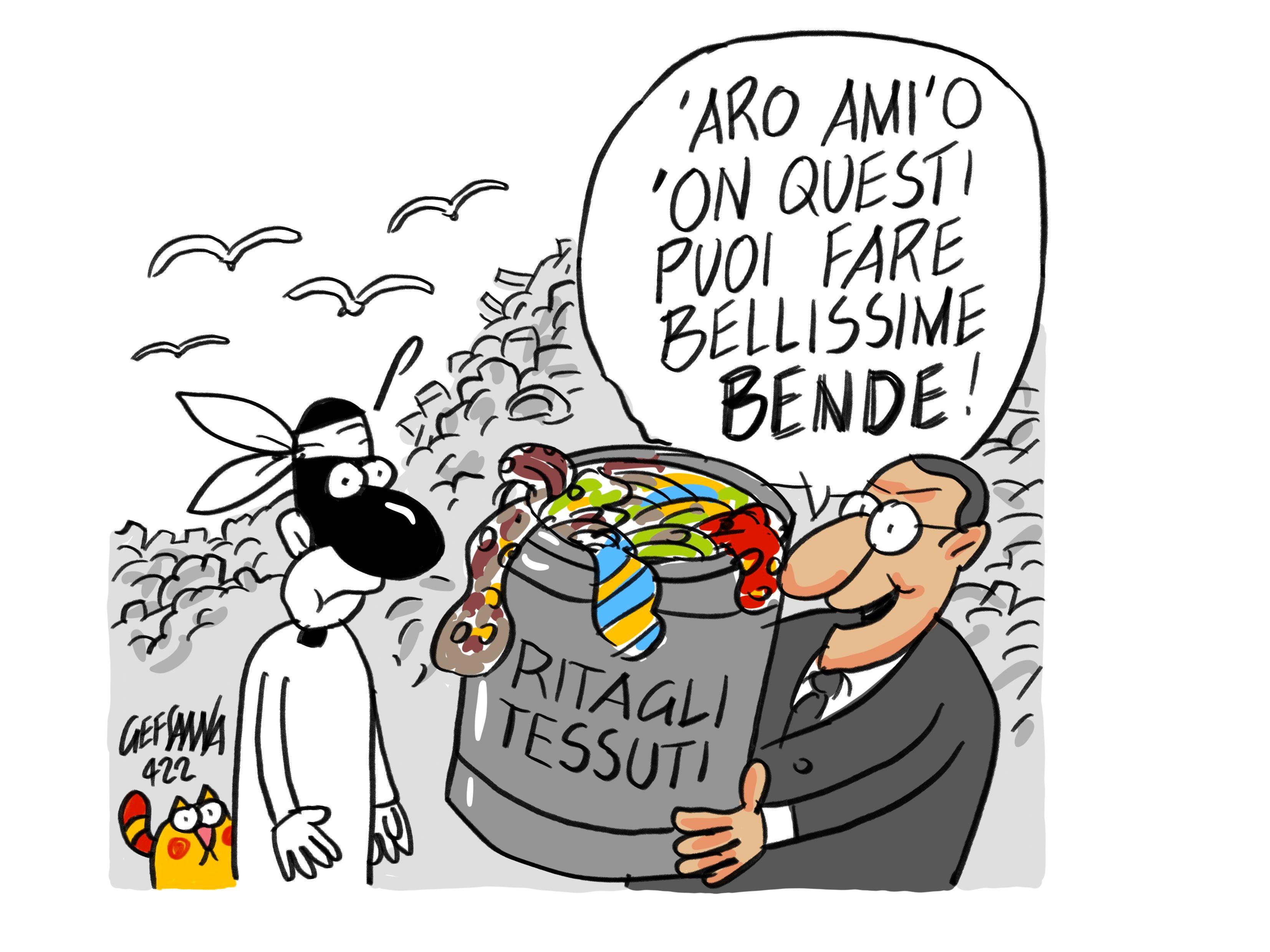 La vignetta di Gef: l'isola usata come discarica di tessuti