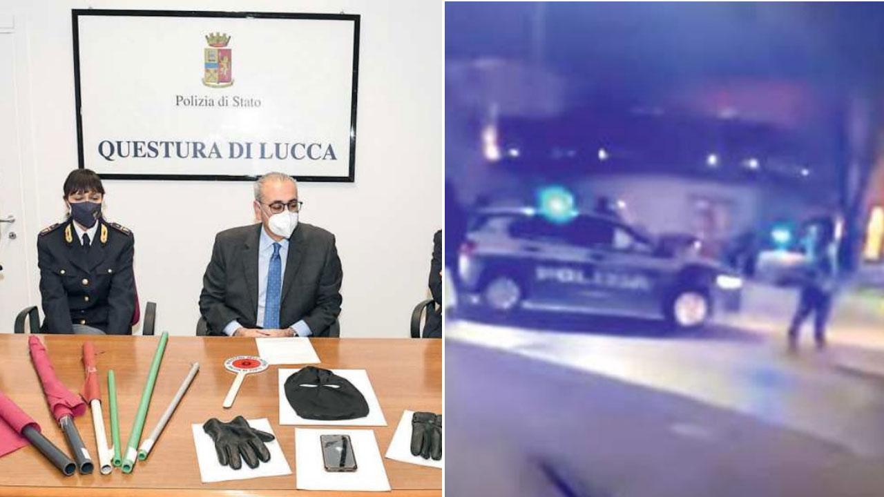 La conferenza stampa in cui vennero mostrati gli oggetti contundenti sequestrati, a destra un fotogramma dei momenti concitati della rissa