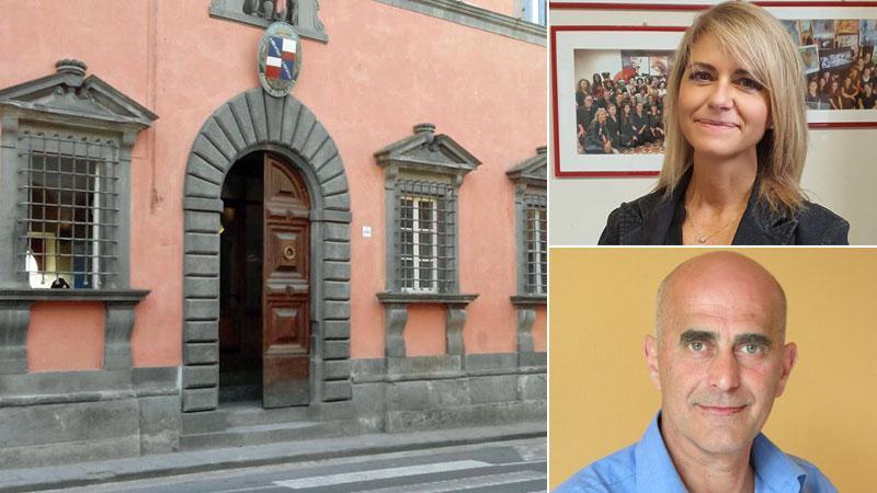 Il municipio di Bagni di Lucca e a destra, dall’alto, Annamaria Frigo e Massimo Betti