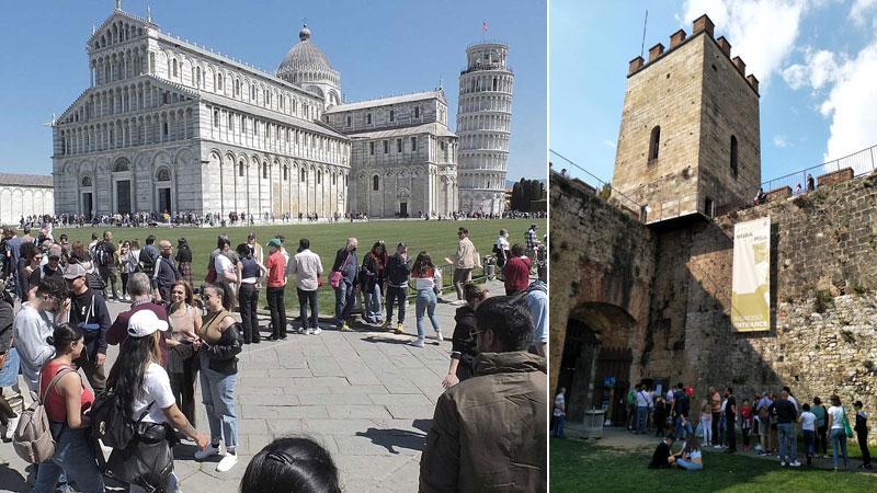 Tanta gente in Piazza dei Miracoli, a fianco la fila per salire sulle mura (Foto Muzzi)