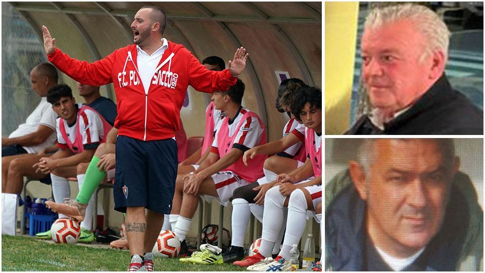 Livio Paci, allenatore del Ponsacco. A destra, dall’alto: Claudio Pagni, presidente della Cuoiopelli; Maurizio Geri, ds del San Miniato Basso