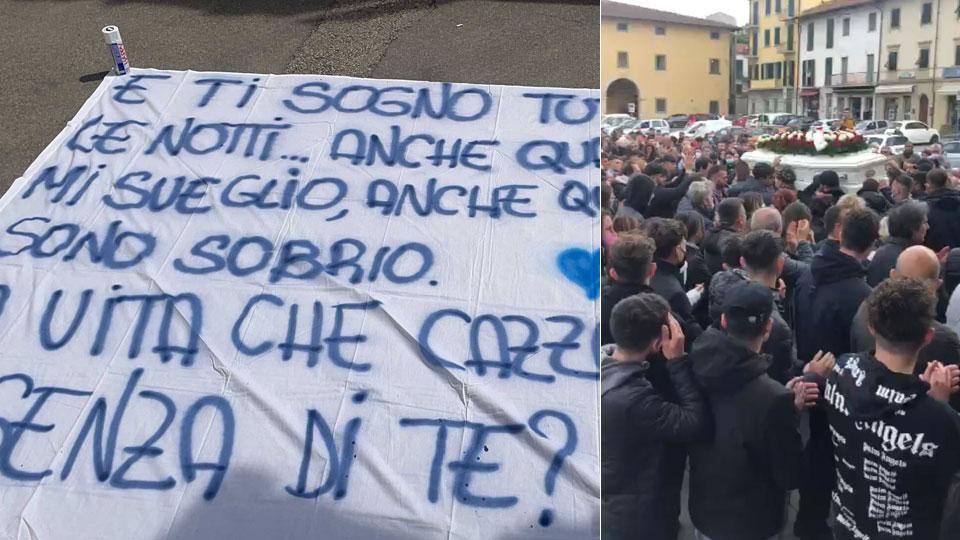La folla degli amici al funerale e sotto parte della scritta