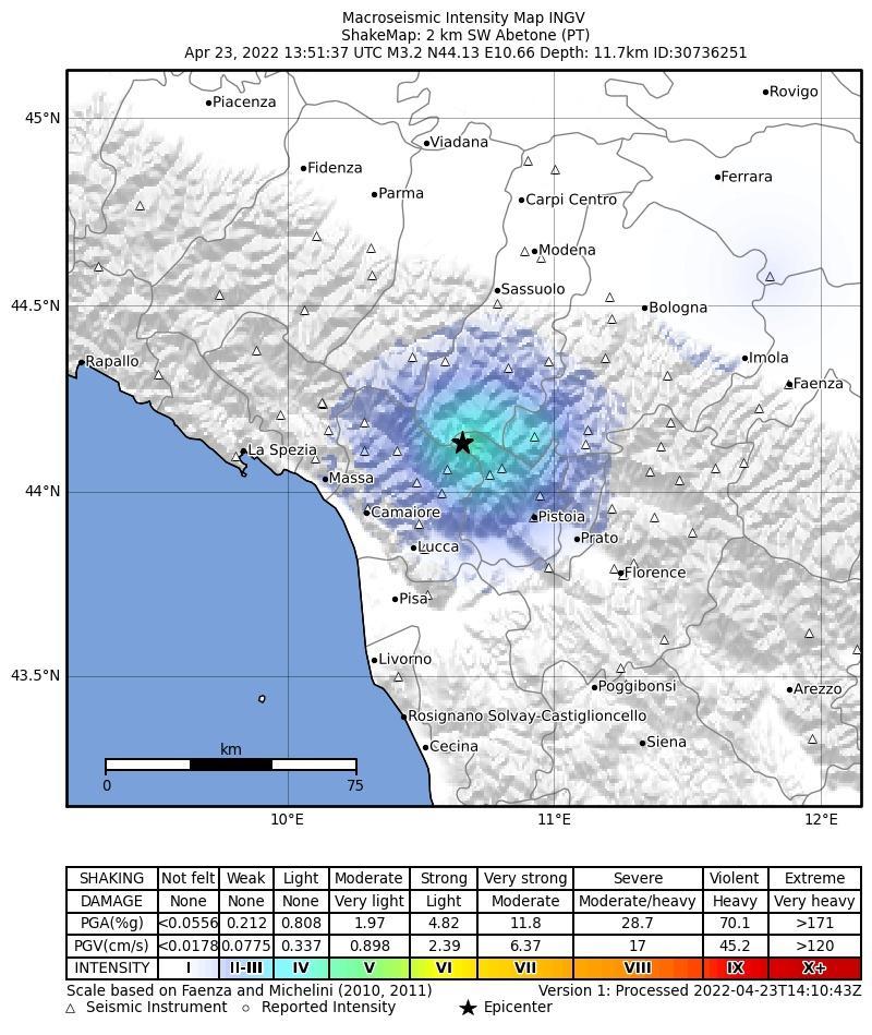 L'epicentro del terremoto nel Pistoiese