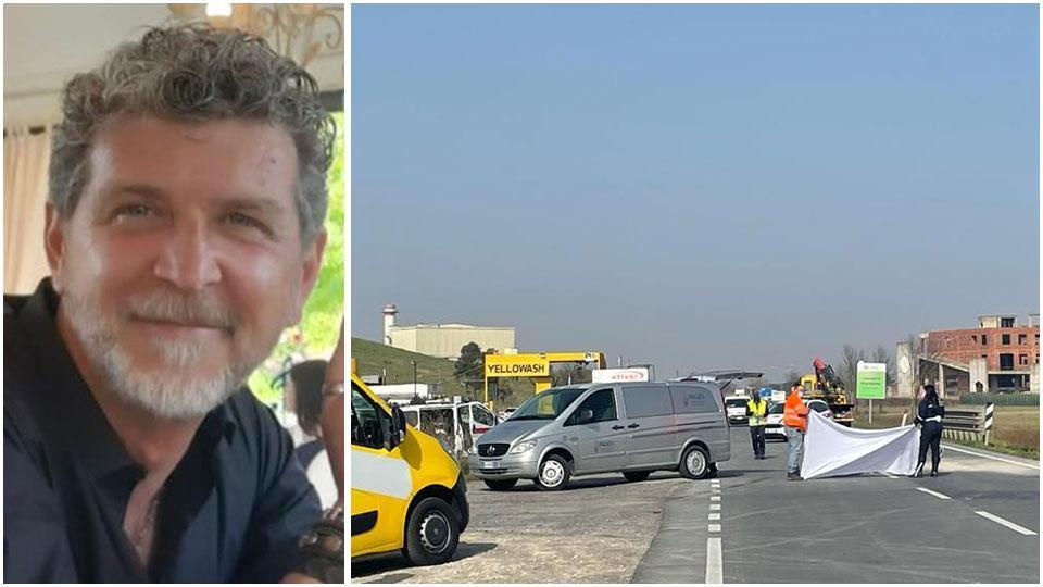 Luca Giorgi e, a destra, i rilievi dopo l’incidente mortale sulla via Emilia