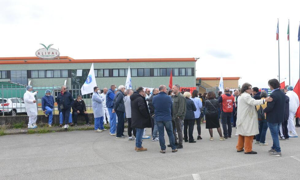 Il presidio dei lavoratori davanti allo stabilimento Alival di Albinatico