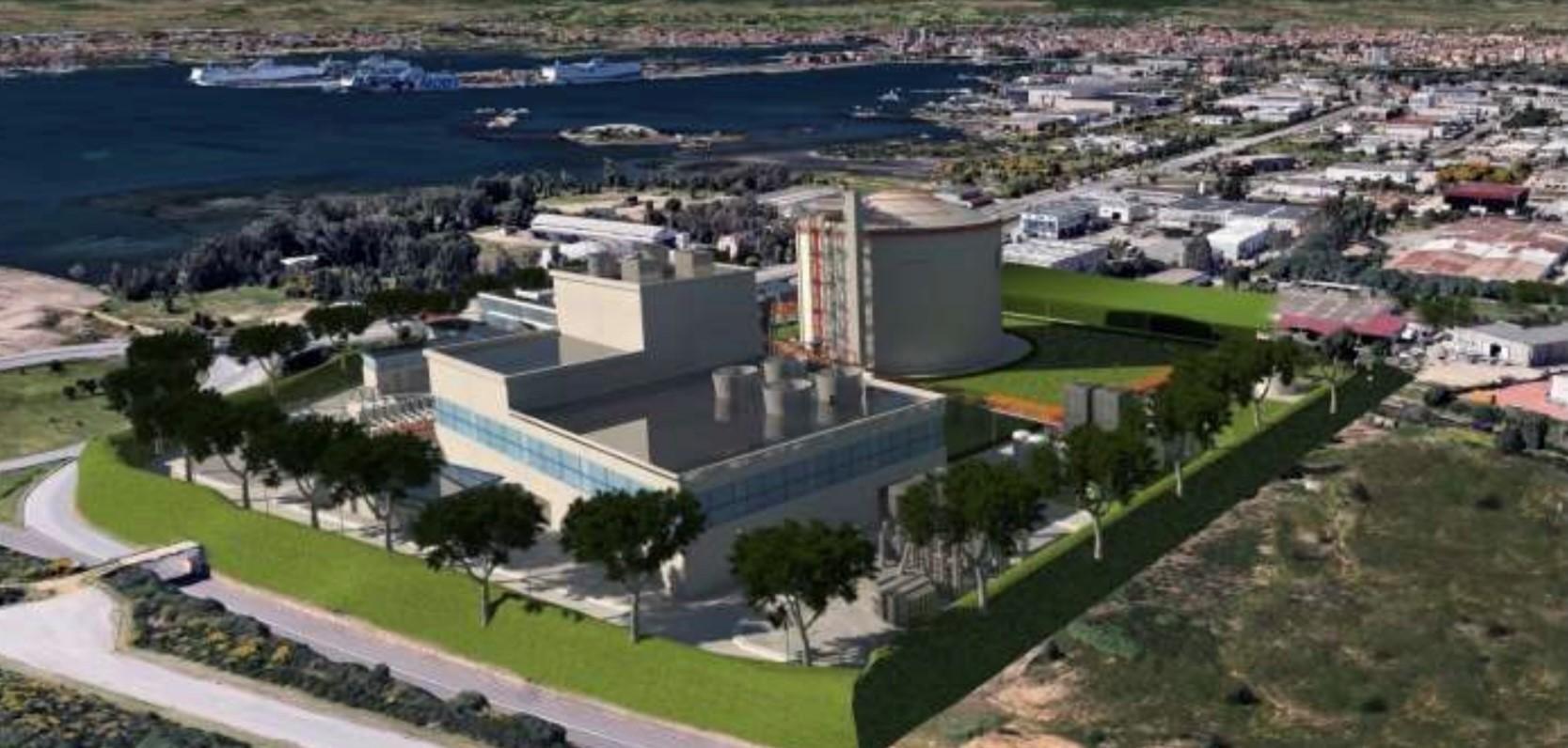 Il rendering del deposito Gnl con centrale termoelettrica a Cala Saccaia