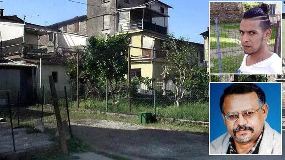 Il luogo del delitto e, in alto, l’omicida e, sotto, la vittima