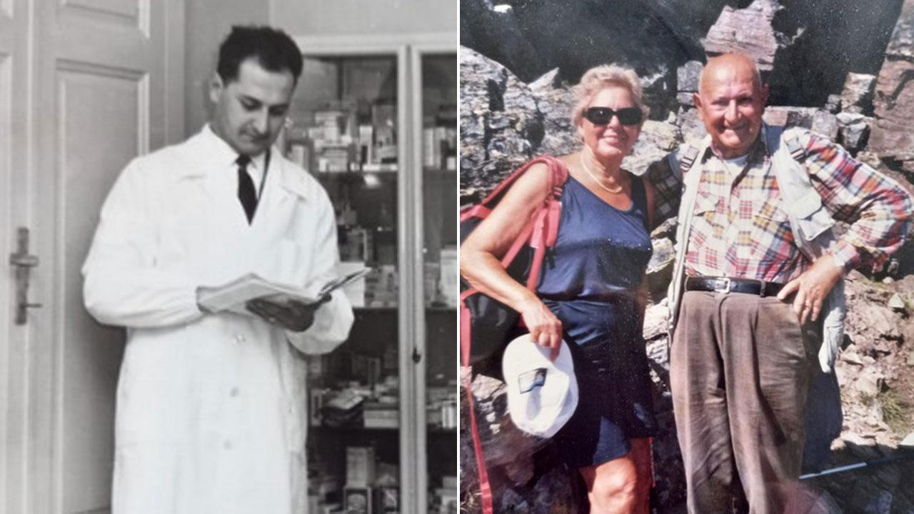 A sinistra Consortini a inizio carriera a destra l’ex medico con la moglie Anna Maria Bitossi sulle Dolomiti qualche anno fa (foto concesse dai figli)