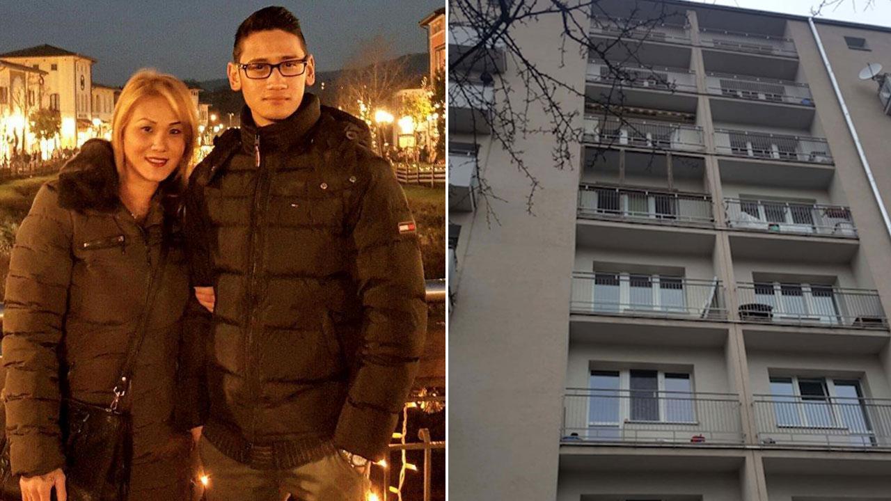 Salvatore Cipolletti con la mamma Mery e, a destra, il palazzo dal cui settimo piano il giovane cadde nel marzo 2019