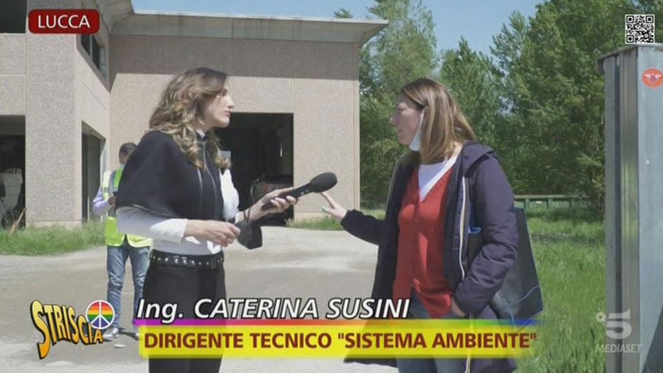 Un fermo immagine della trasmissione: a sinistra l’inviata Chiara Squaglia, a destra il direttore tecnico di Sistema Ambiente Caterina Susini
