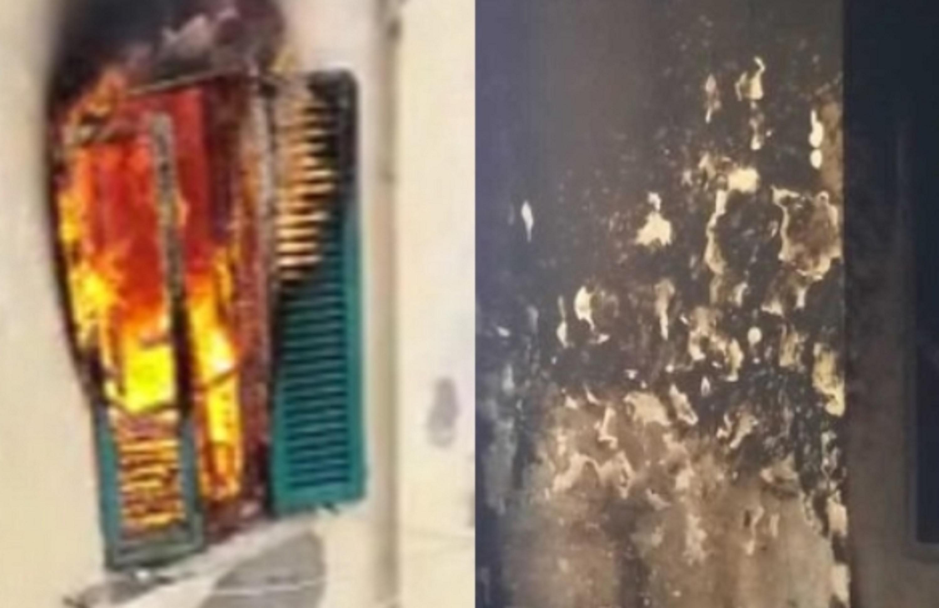 A sinistra l'incendio visto da fuori. A destra i danni