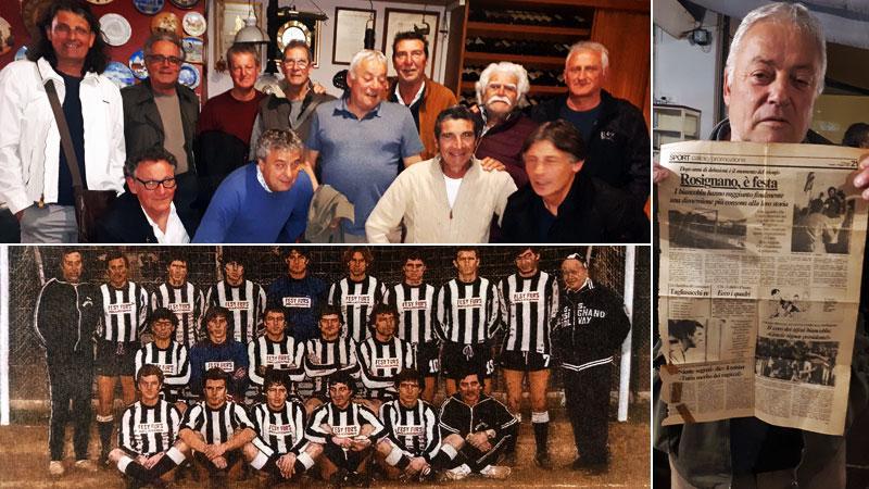 I partecipanti alla cena amarcord che si è svolta alcune sere fa a Vada. La rosa completa del Rosignano campione 1982. Il capitano Riccardo Martelli mostra la pagina de Il Tirreno che celebrò la promozione dei biancoblù in serie D