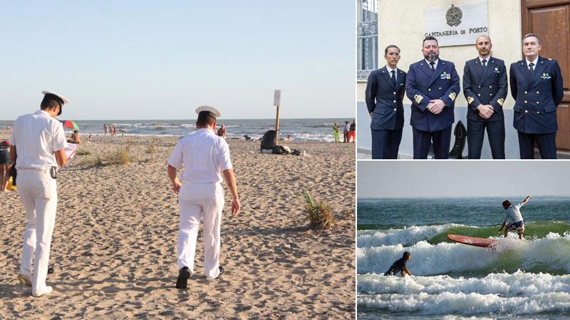 A sinistra, militari della Capitaneria in spiaggia. A destra in alto, il comandante Alessandro Russo (secondo da sinistra) con i colleghi della Capitaneria; in basso, surfisti (Foto Paglianti)