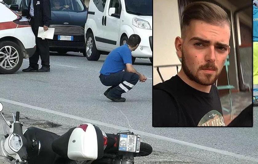 Lo scooter dopo la caduta sull’Aurelia e, nel riquadro, la vittima, Francesco Avino