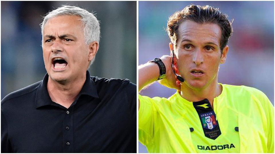 l’allenatore della Roma Mourinho e l’arbitro livornese Luca Banti