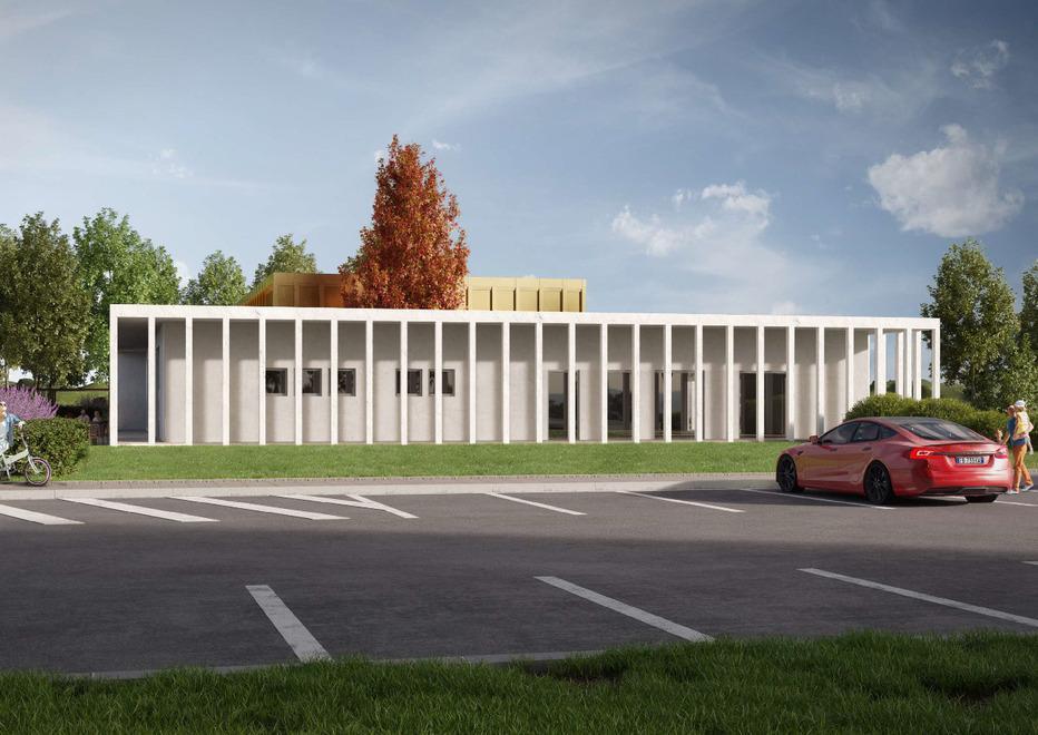 Il rendering del nuovo edificio alle spalle del palazzetto