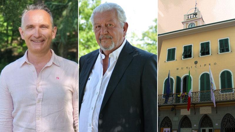 Da sinistra Salvatore Neri e Rolando Ciofi. A destra il palazzo comunale. I due candidati sindaco di Riparbella si confronteranno in piazza in un dibattito pubblico organizzato dal Tirreno