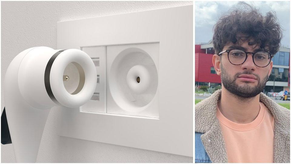 Michele Tizza e un esempio di spina universale progettata dallo studente e che sarà utilizzabile attraverso un magnete