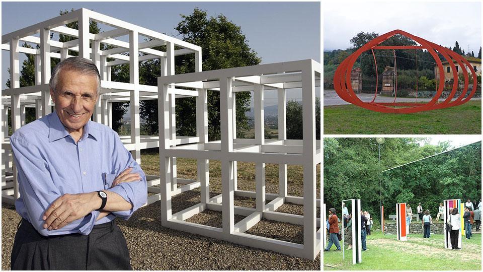 Giuliano Gori davanti a un'opera di Sol Lewitt realizzata per la Fattoria di Celle e le opere di Daniel Buren al centro i Ferri di Burri