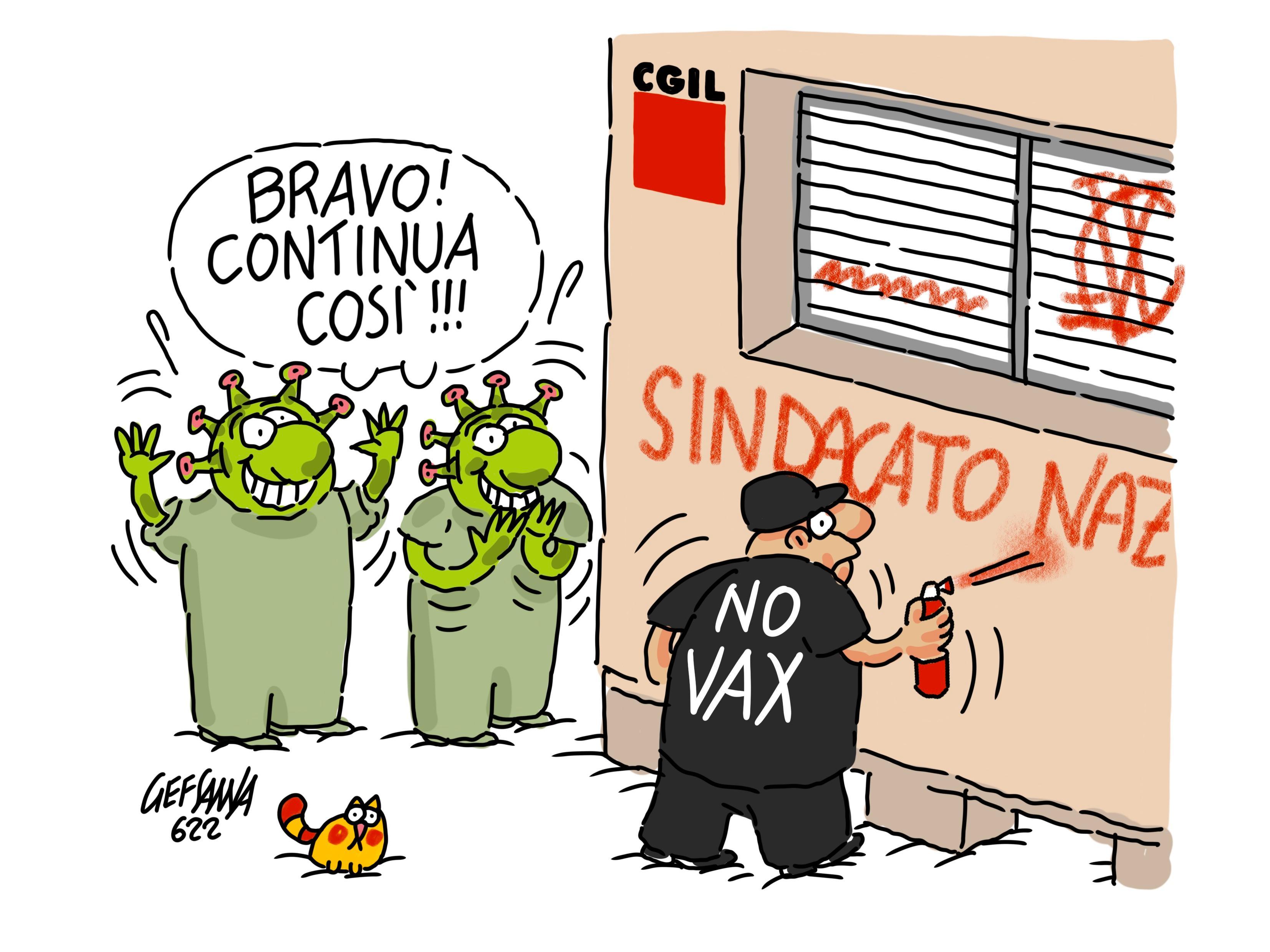 La vignetta di Gef: scritte no vax contro la Cgil a Olbia