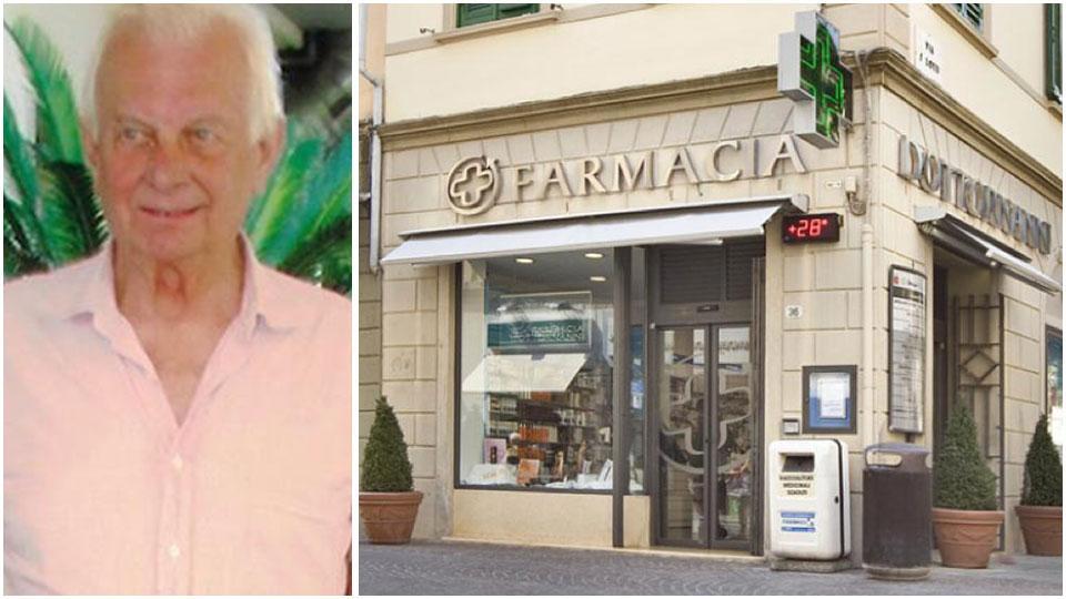 una bella foto di Claudio Ercolini e di fianco la farmacia sul corso dopo il cambio di gestione dal dottor Ercolini al dottor Nanni