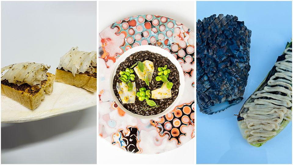 Lardo di seppia, risotto seppia e piselli, bianco, nero e lattuga