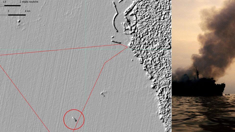 una delle immagini presentate dal geologo Komin Sopra: lo squarcio nella petroliera Agip (Sestini)