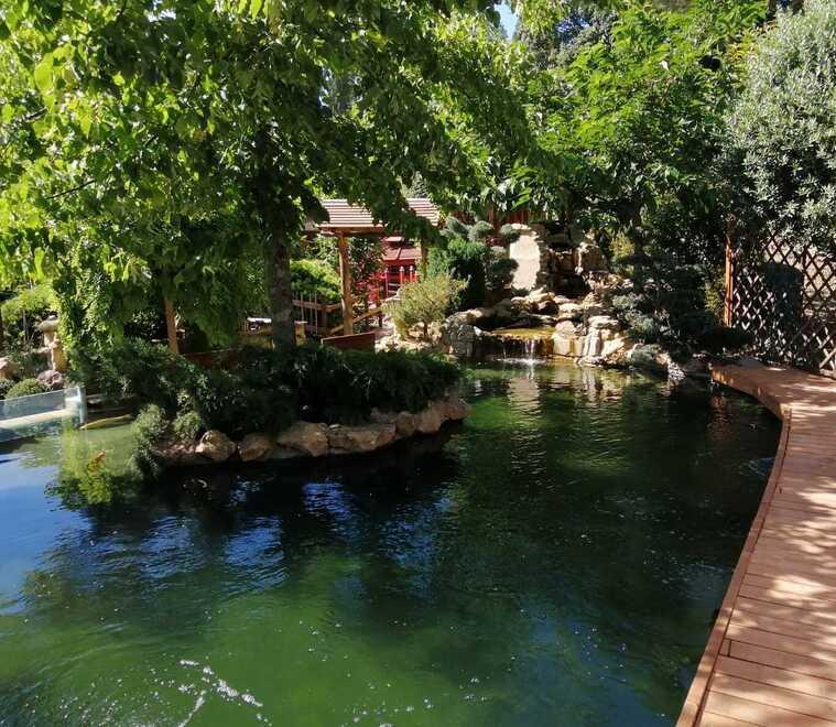 Il giardino giapponese con le carpe koi tra le colline di Volterra