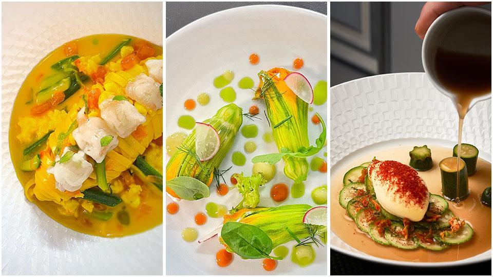 Zucchine e scampi, fiori di zucca ripieni, zucchine alla menta