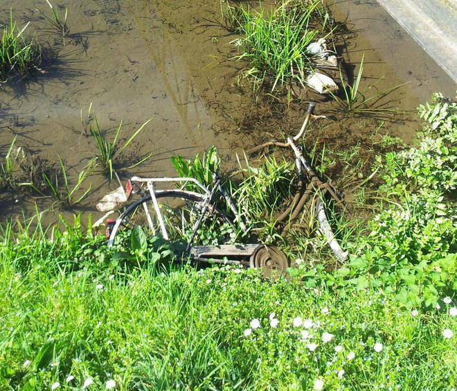 Una carcassa di bicicletta nel fosso sotto le Mura
