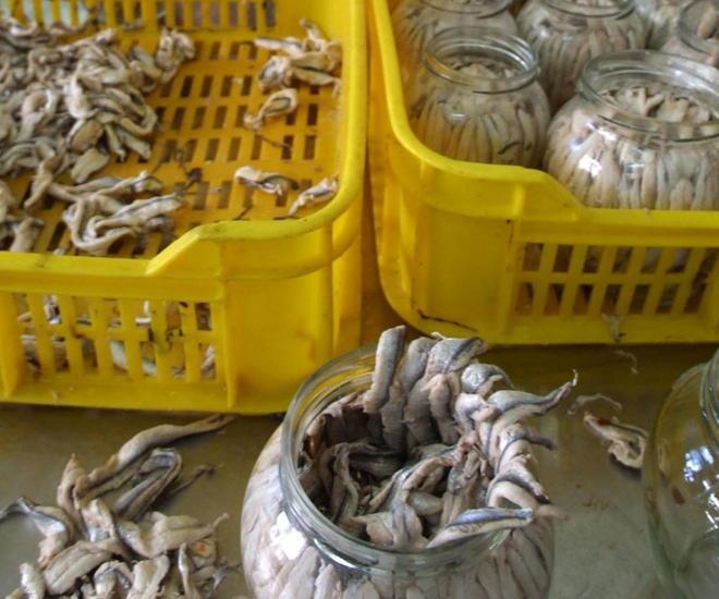 Una tortiera di alici, il pesce si alterna con i pomodorini Pachino e le patate 