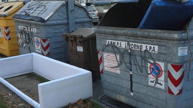 Un divano abbandonato al cassonetto