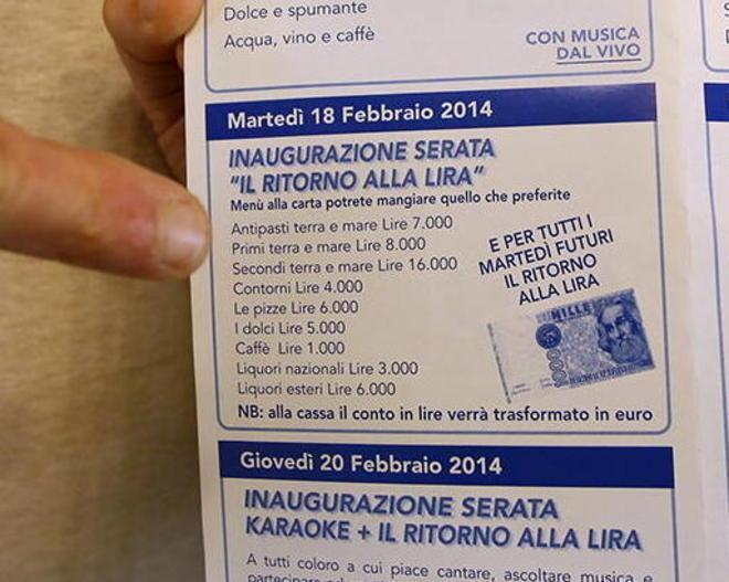 Basta con l’euro, a Fucecchio il menu del ristorante torna in lire